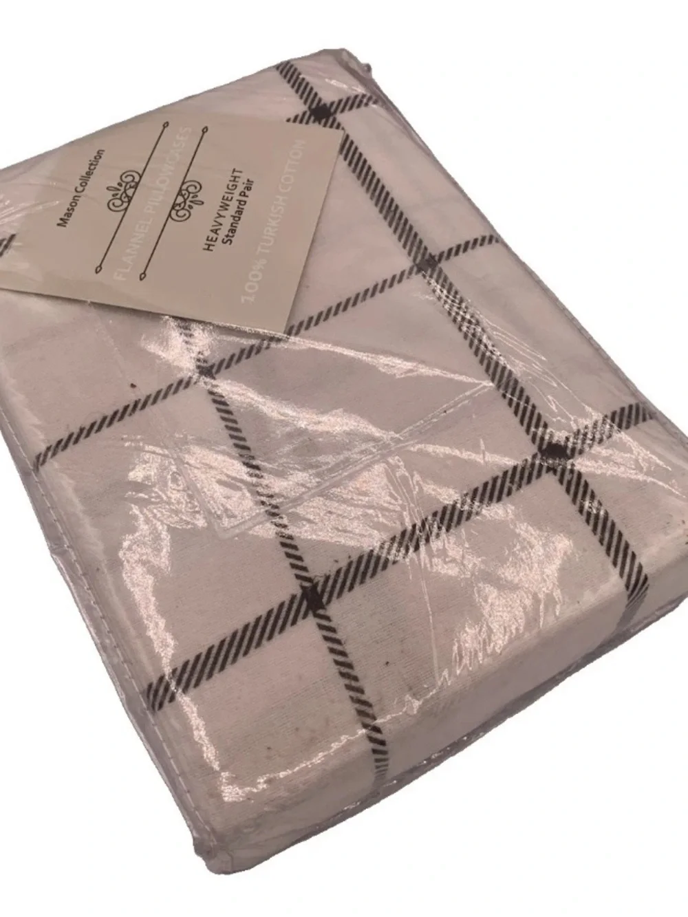 Moon Collection Turkish Cotton White Flannel Pillowcase Pair Black Windowpane